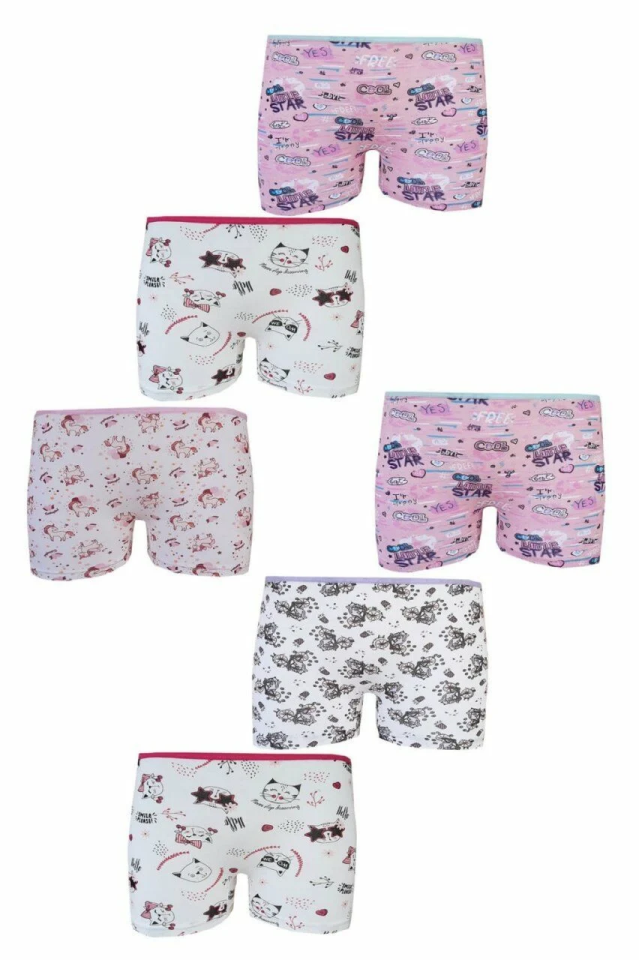 Tutku Kız Çocuk 6'lı Paket Renkli Desenli Boxer 5 (8-9 Yaş)