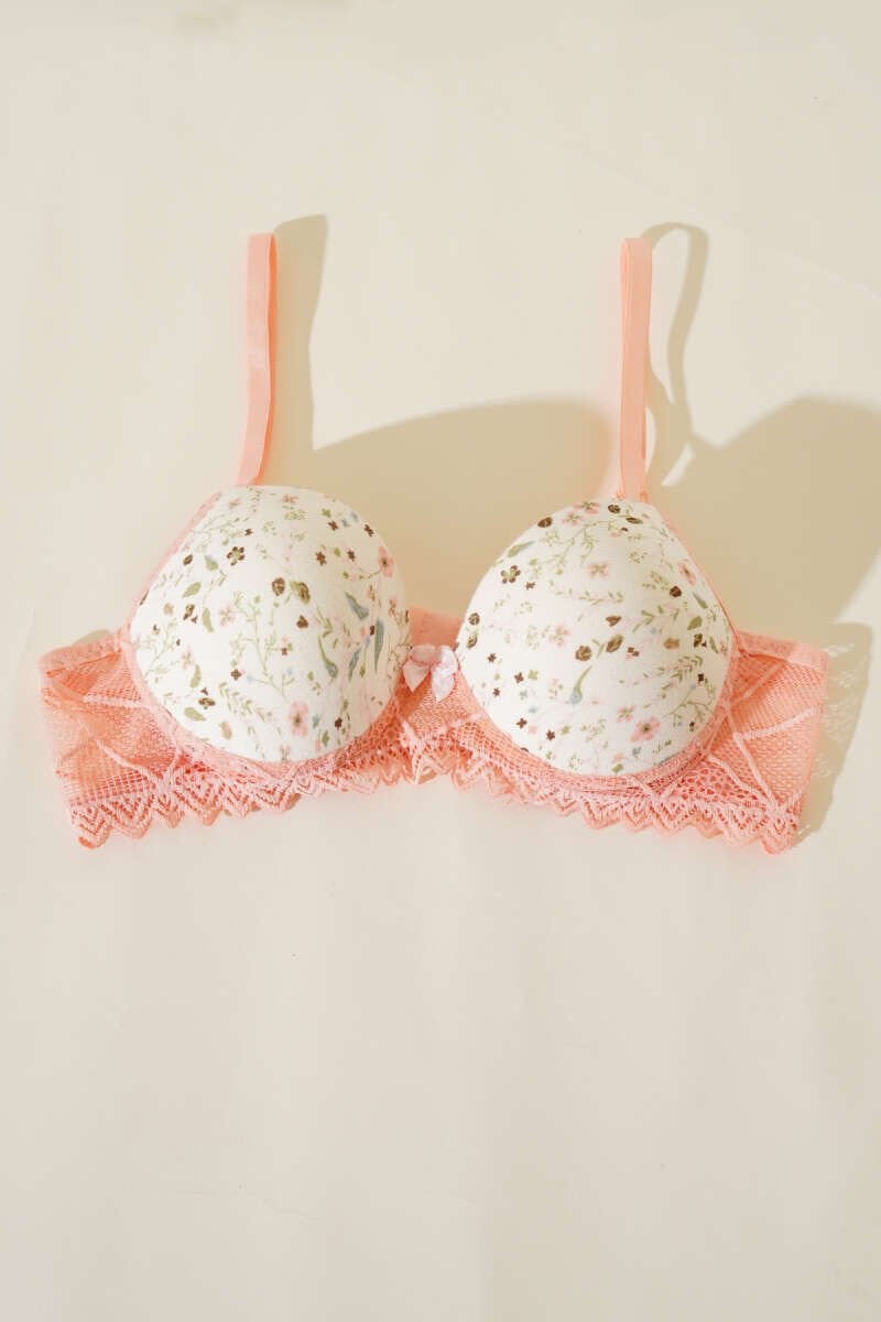 Ecem Yıldızı Çiçek Desenli Dantelli Destekli Sütyen Somon