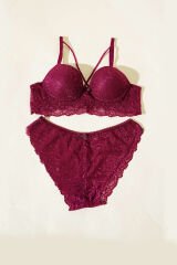 Desteksiz Çapraz İpli Bralet Sütyen Takım Mürdüm