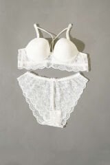 Desteksiz Çapraz İpli Bralet Sütyen Takım Ekru