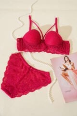 Destekli Çapraz İpli Bralet Sütyen Takım Vişne