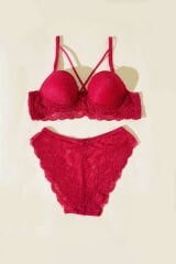 Destekli Çapraz İpli Bralet Sütyen Takım Vişne