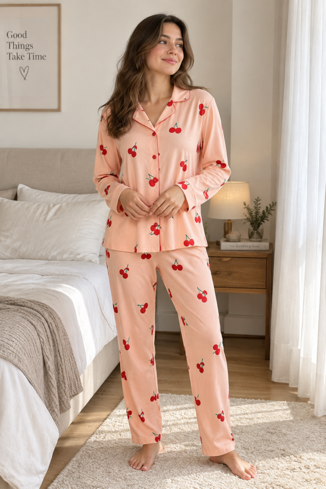 Kadın Desenli Düğmeli Süet Pijama Takımı
