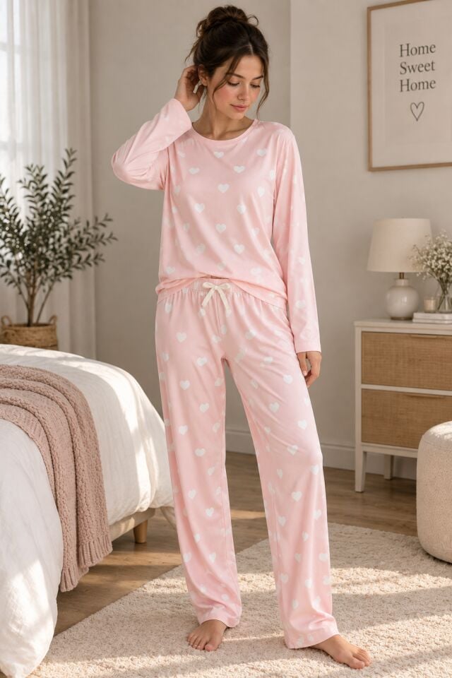 Kadın Bisiklet Yaka Desenli Pembe Pijama Takımı