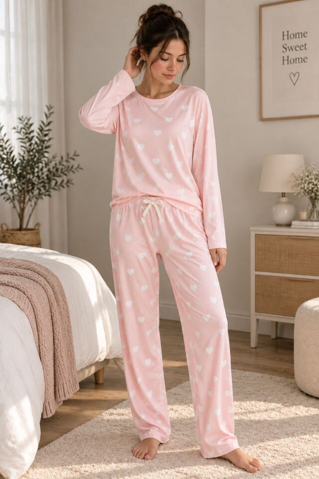 Kadın Bisiklet Yaka Desenli Pembe Pijama Takımı