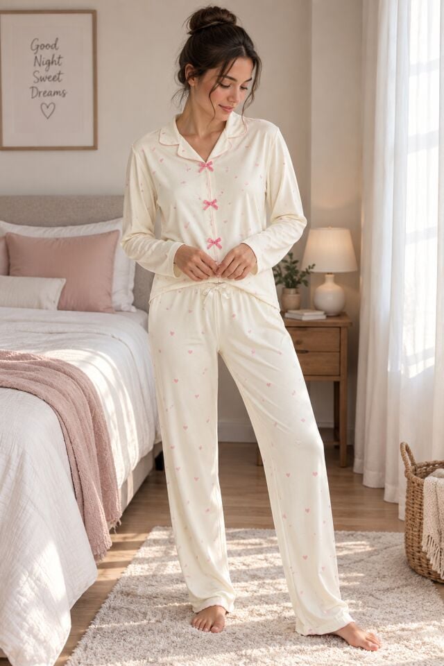 Kadın Fiyonklu  Kalp Desenli Pijama Takımı