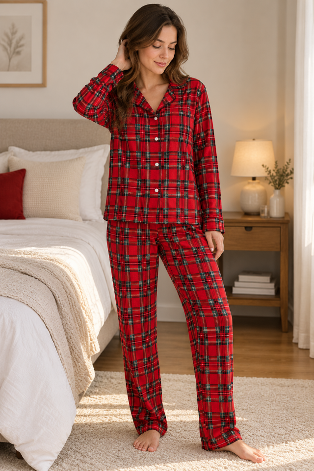 Kadın Süet Düğmeli Karışık Desenli Pijama Takımı