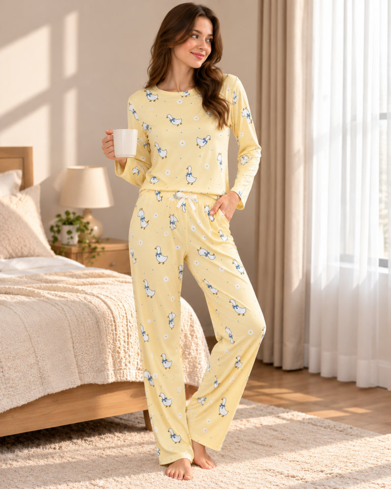Kadın Sarı Ördek Desenli Pijama Takımı