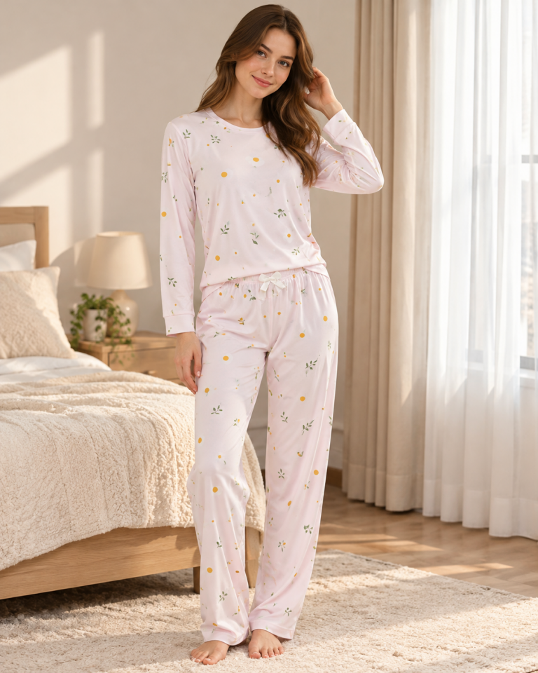 Kadın Pembe Çiçek Desenli  Pijama Takımı