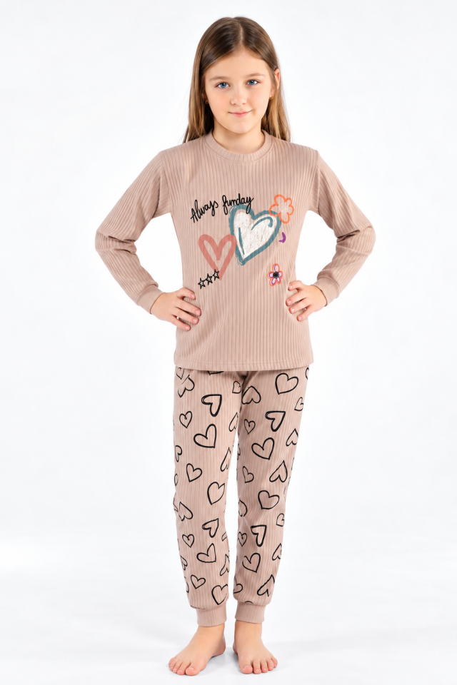 Kız Çocuk İnterlok Kışlık Pijama Takımı Bej