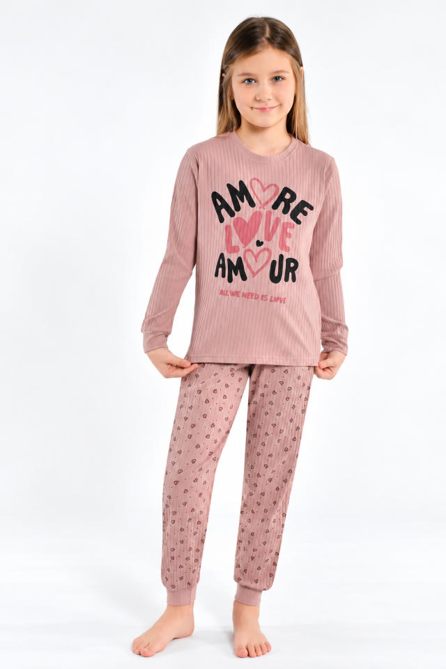 Kız Çocuk İnterlok Kışlık Pijama Takımı Pudra