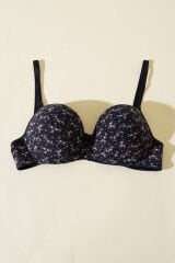 Çiçek Desenli Destekli Sütyen Lacivert