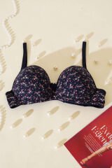 Çiçek Desenli Destekli Sütyen Lacivert