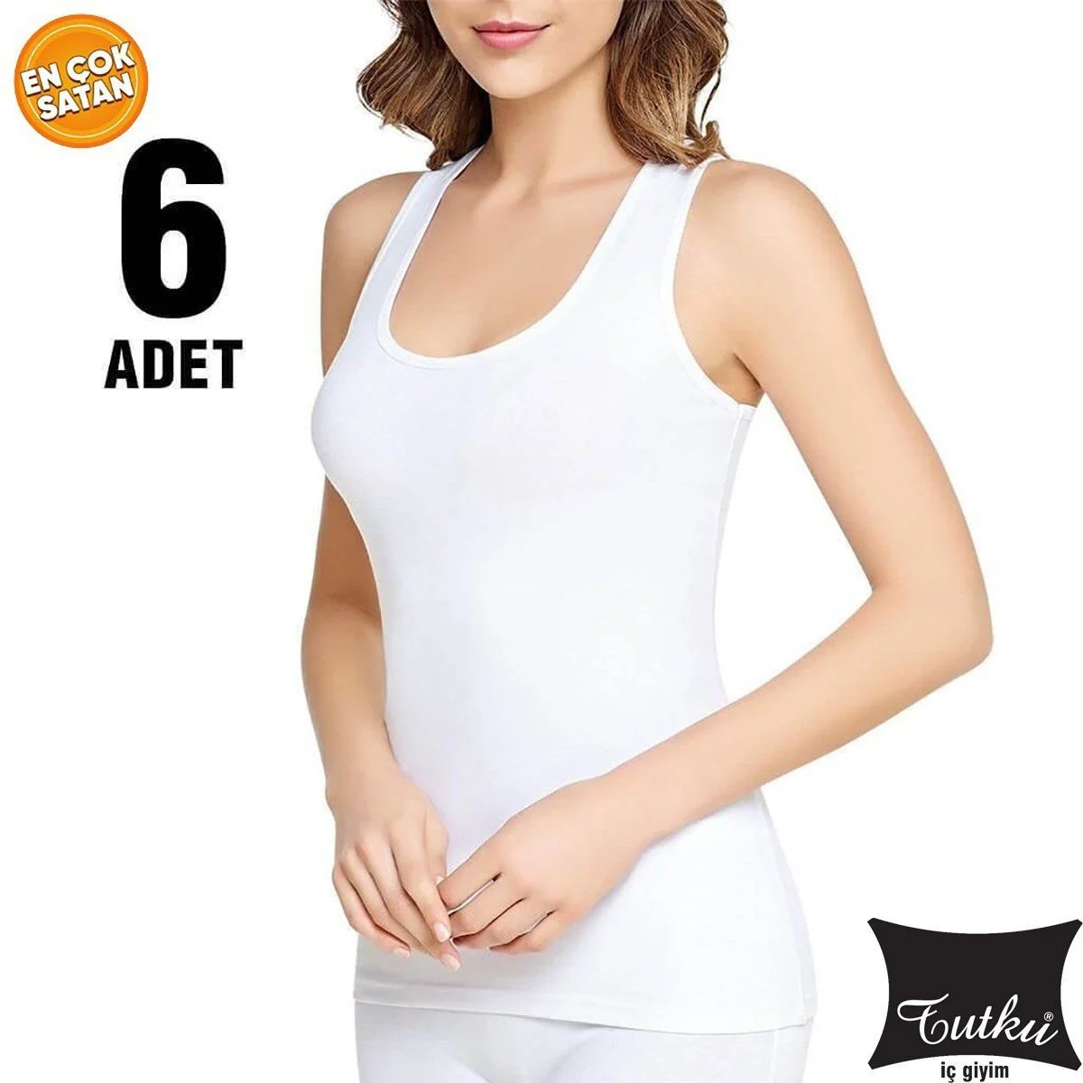 Tutku Kadın 6'lı Paket Beyaz Ribana Geniş Askılı  Atlet