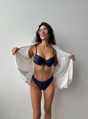 Cansoy Desenli Destekli Lacivert Sütyen Takımı