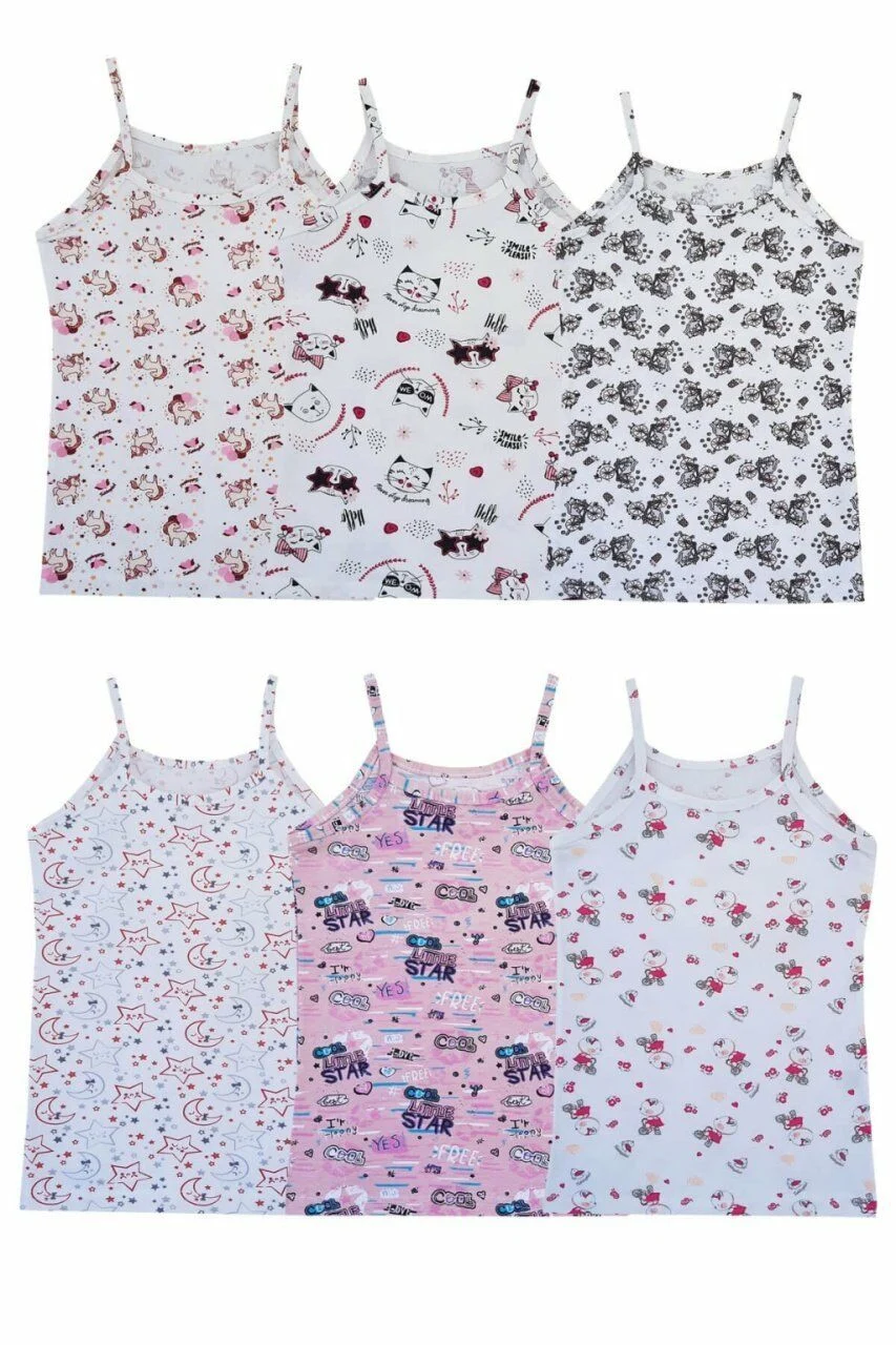 Tutku Kız Çocuk 6'lı Paket Renkli Desenli İp Askılı  Atlet