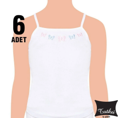 Tutku Kız Çocuk 6'lı Paket İşlemeli İp Askı Beyaz Penye Atlet