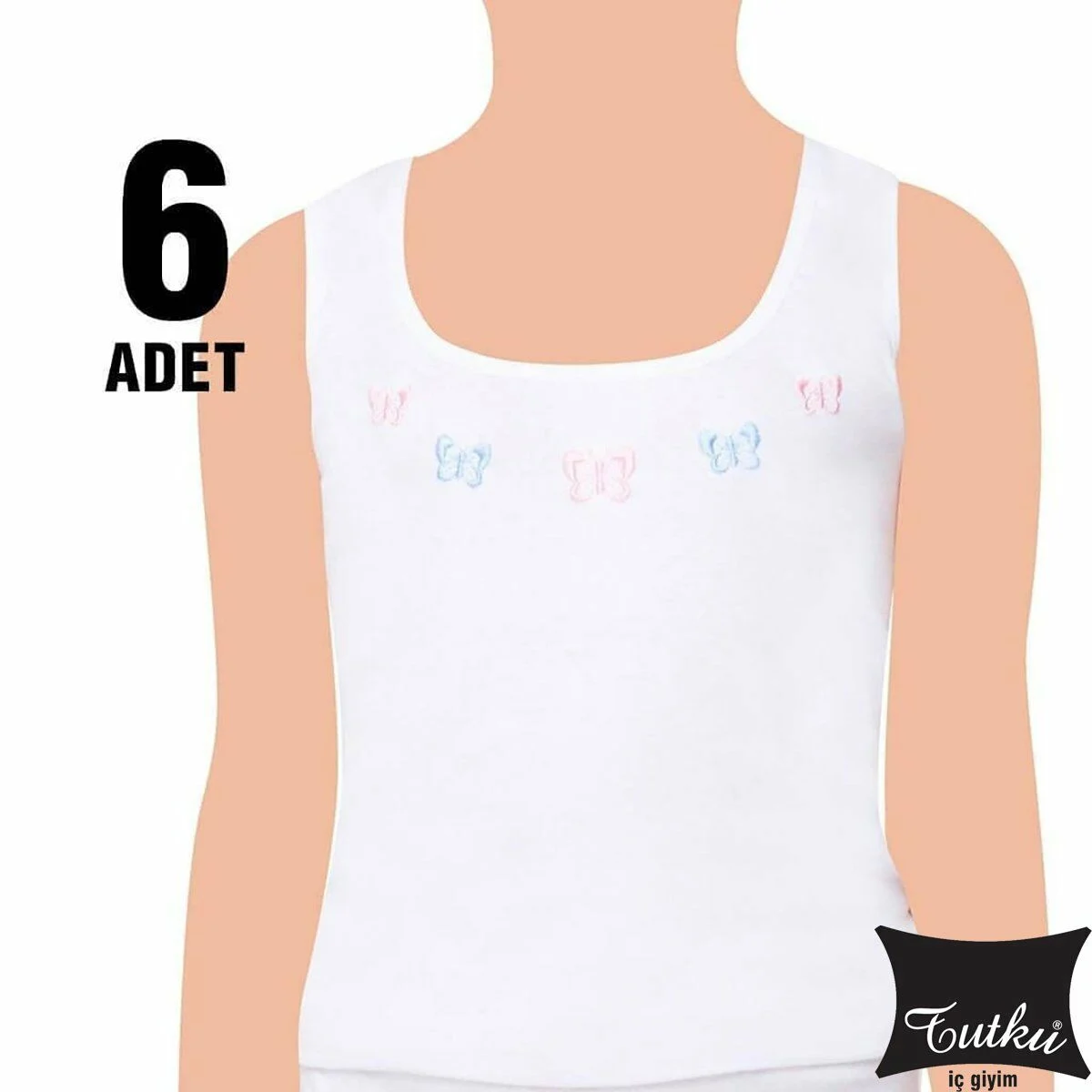 Tutku Kız Çocuk 6'lı Paket İşlemeli Geniş Askı Beyaz Penye Atlet