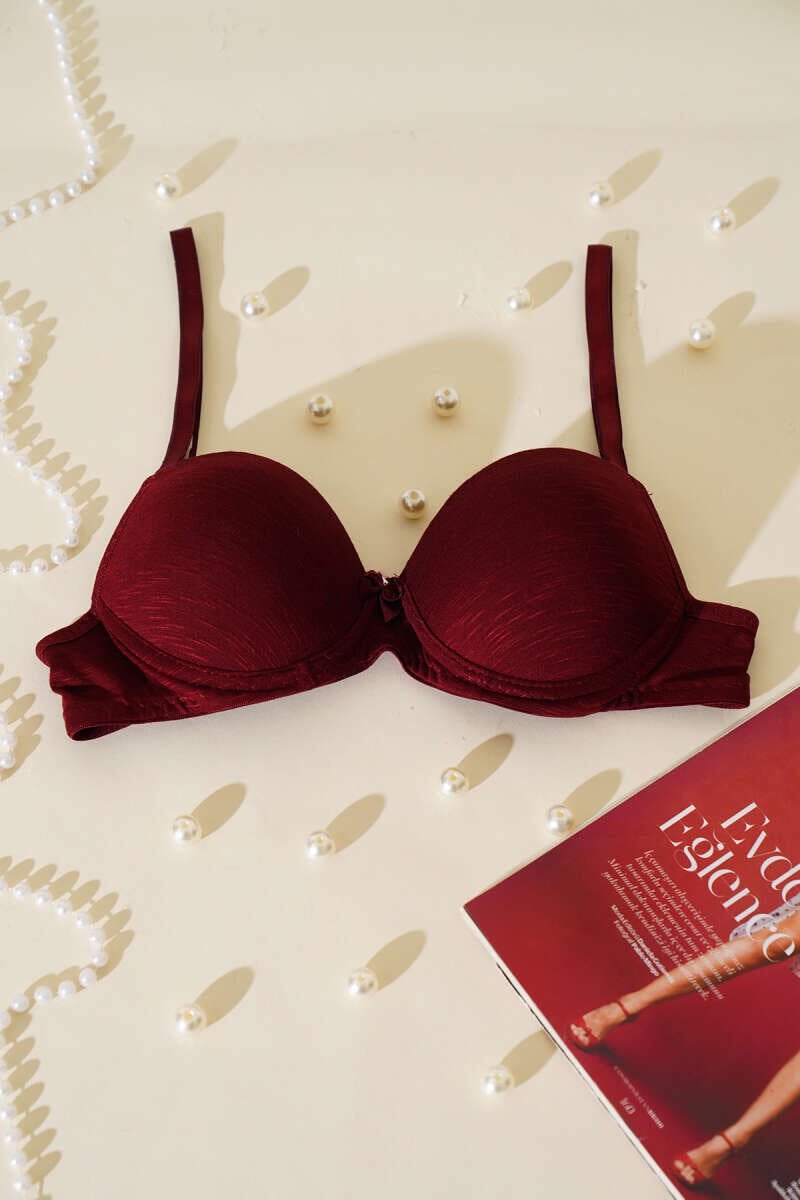 Destekli Kendinden Desenli Sütyen Mürdüm