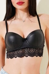 Dantelli Deri Sütyen Siyah
