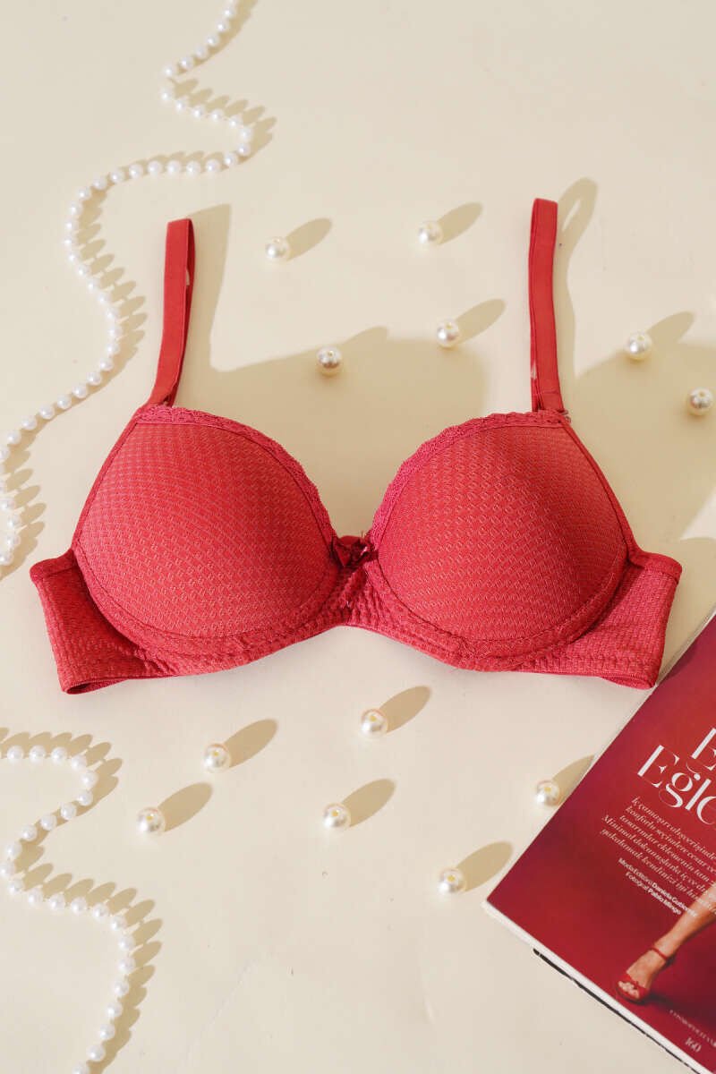 Jakarlı Dantel Detaylı Destekli Sütyen Nar Çiçeği