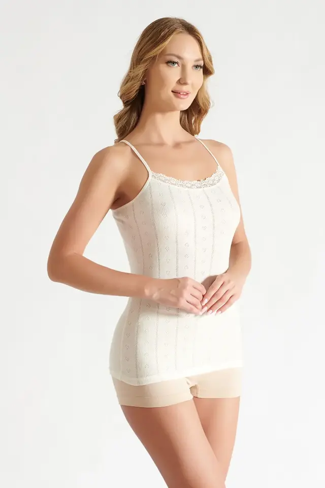 Tutku Kadın 6'lı Paket Elastan Jakarlı İp Askılı Ekru Atlet L-XL