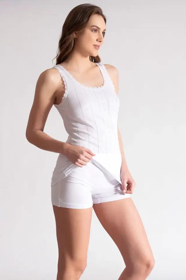 Tutku Kadın Beyaz 6'lı Paket Elastan Jakarlı Geniş Askılı Atlet L-XL