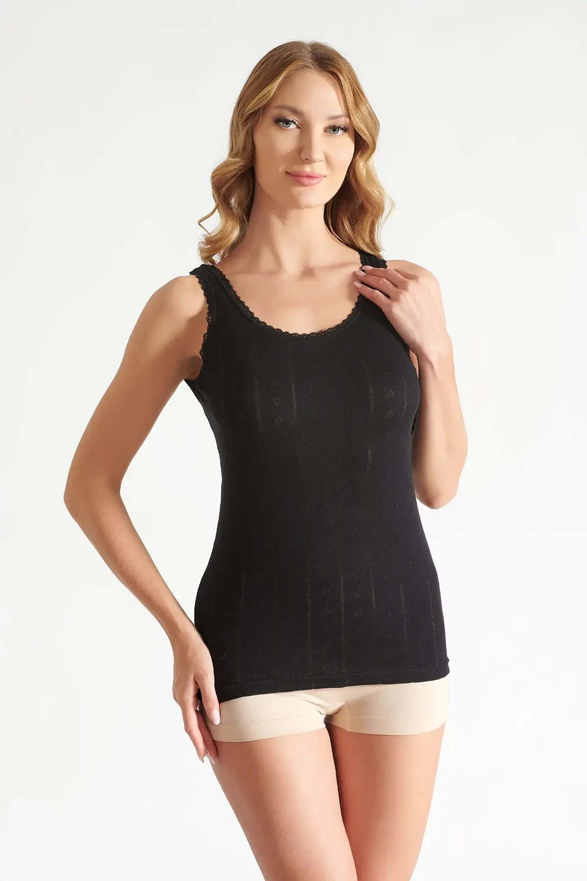 Tutku Kadın Siyah 6'lı Paket Elastan Jakarlı Geniş Askılı Atlet